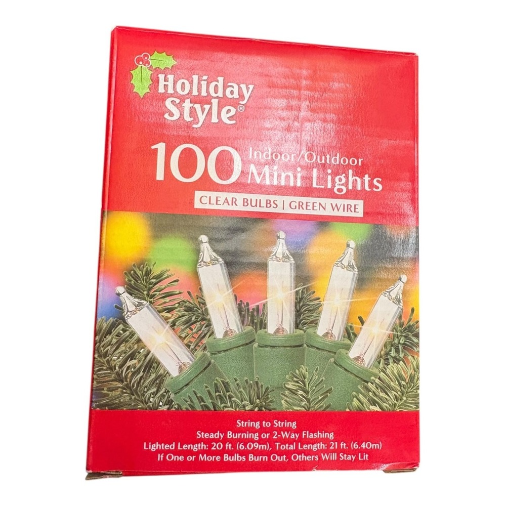 Holiday Style 100 Mini Lights Clear Bulbs Green Wire 20ft Indoor Outdoor